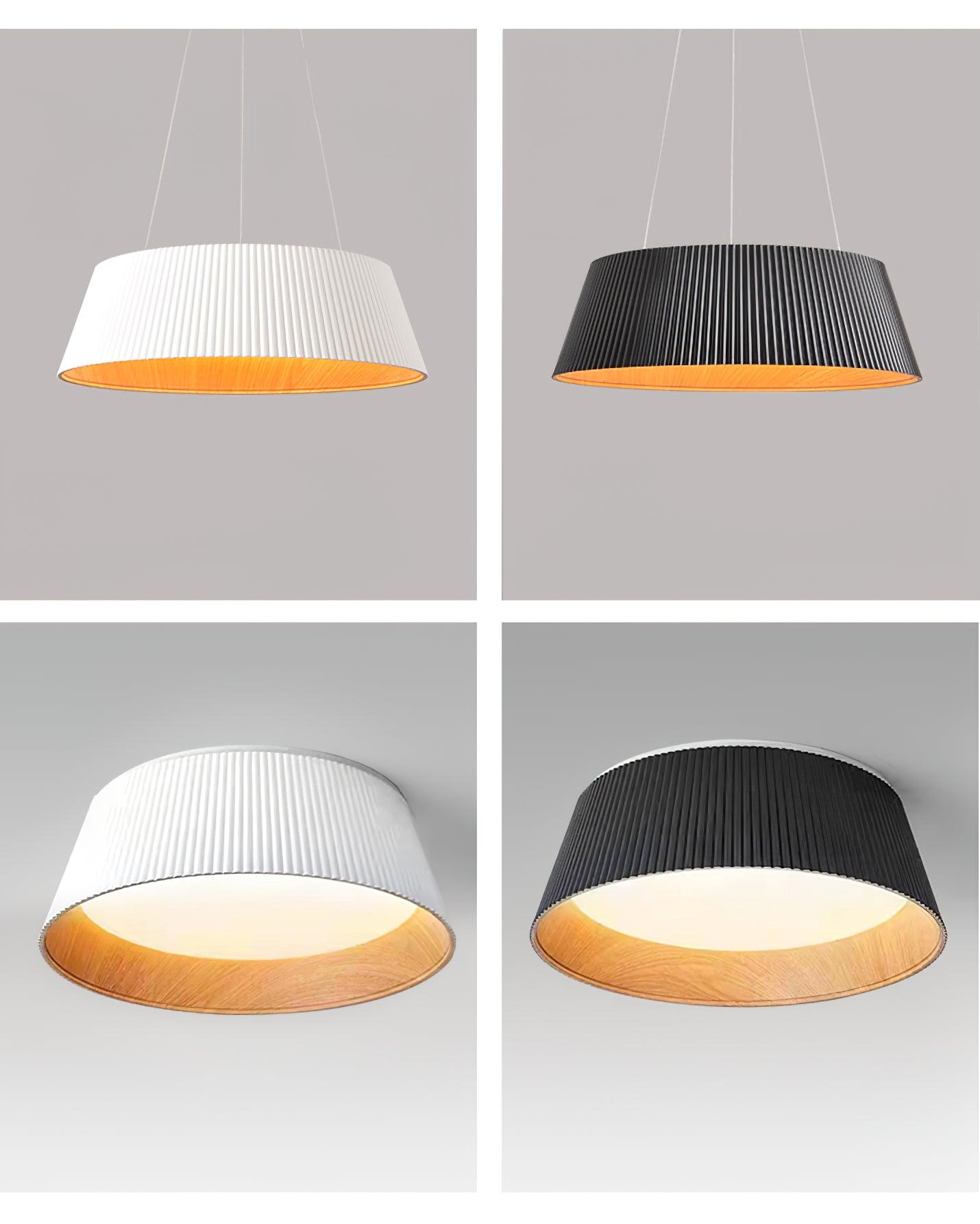 The ceiling light shown in black and in white, hanging and fitted flush.