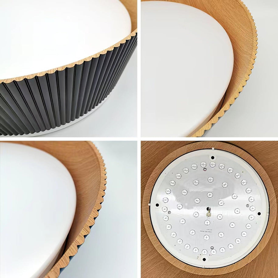 Four close views of the light: the rim, the diffuser edge, the wood inner and the LED board.