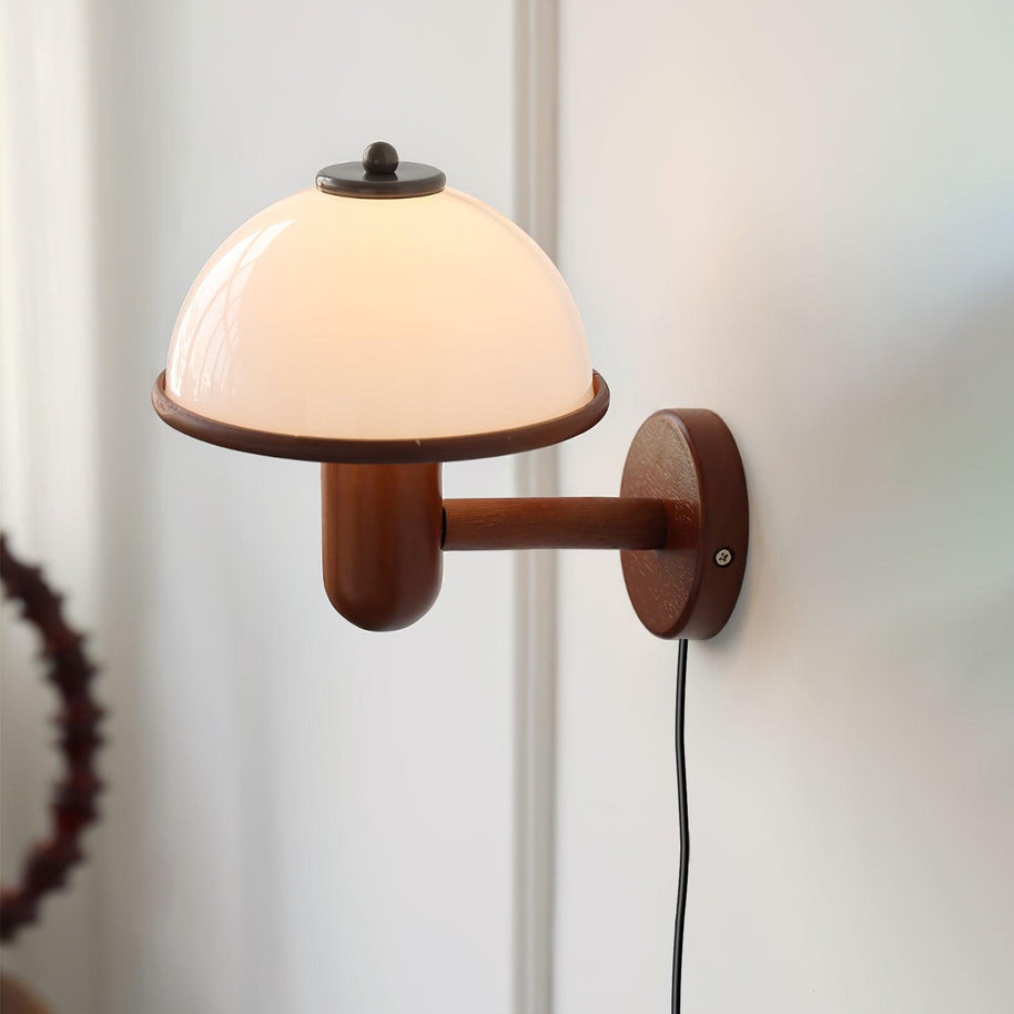 Mushroom Wood Wall Lamp close view of the shade rim and wooden wall mount