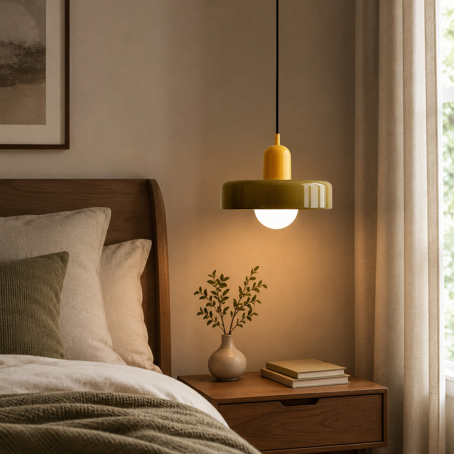 Liora Bauhaus Stained Glass Pendant Light - bedside pendant lifestyle image for Comvilo lighting