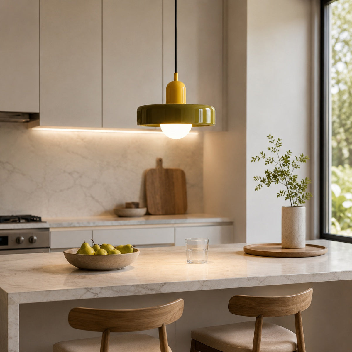 Liora Bauhaus Stained Glass Pendant Light - kitchen island lifestyle image for Comvilo lighting