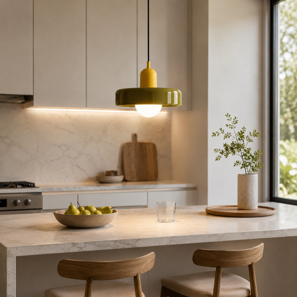Liora Bauhaus Stained Glass Pendant Light - kitchen island lifestyle image for Comvilo lighting