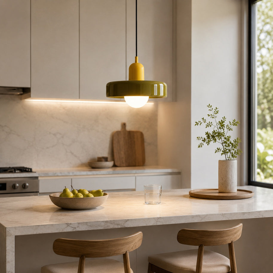 Liora Bauhaus Stained Glass Pendant Light - kitchen island lifestyle image for Comvilo lighting