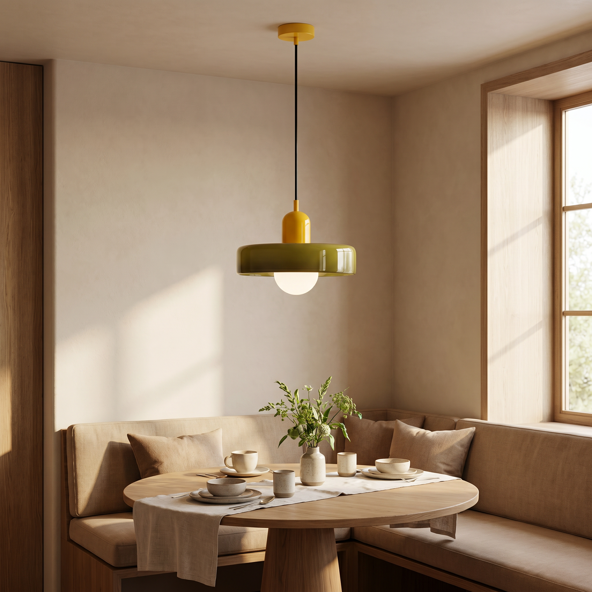 Liora Bauhaus Stained Glass Pendant Light single pendant lifestyle image in a styled interior for Comvilo lighting