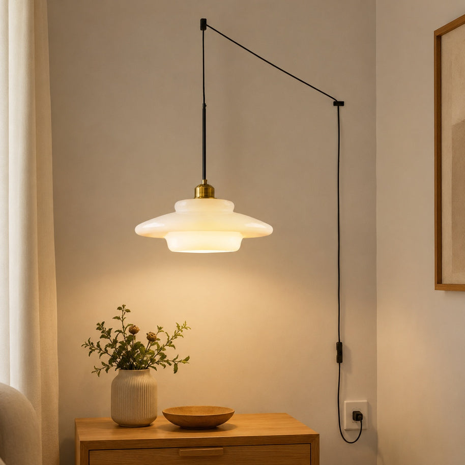 Elowen Mid Century Plug-in Milk White Glass Pendant Light - cord and plug setup image for Comvilo lighting