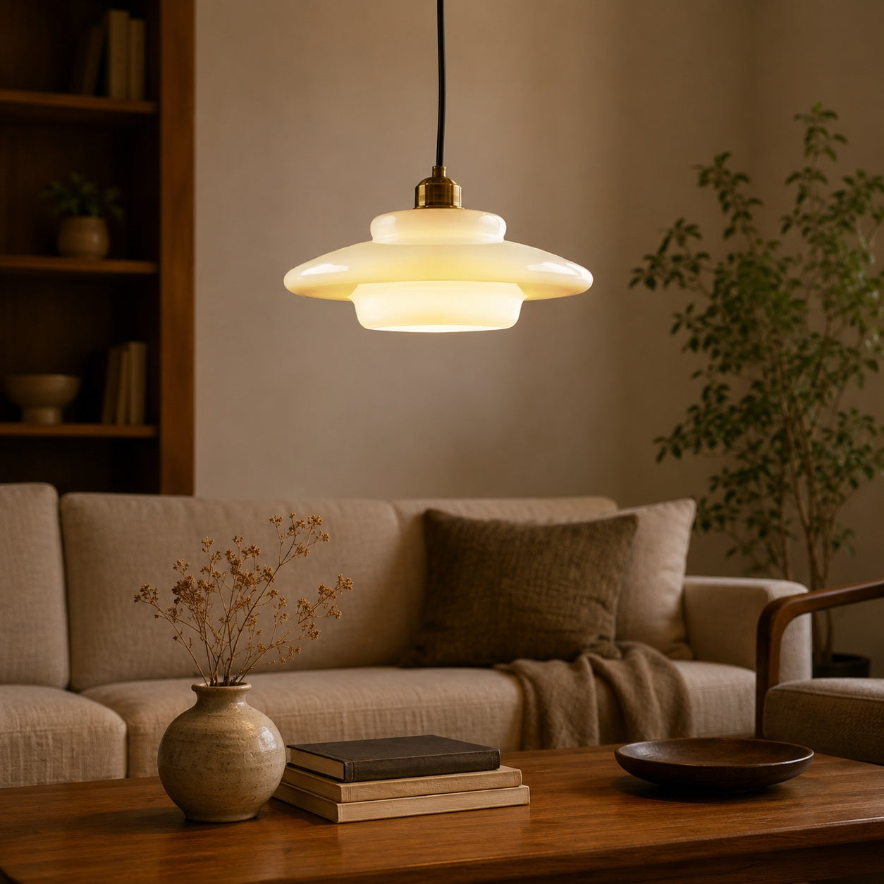 Elowen Mid Century Plug-in Milk White Glass Pendant Light - living room lifestyle image for Comvilo lighting