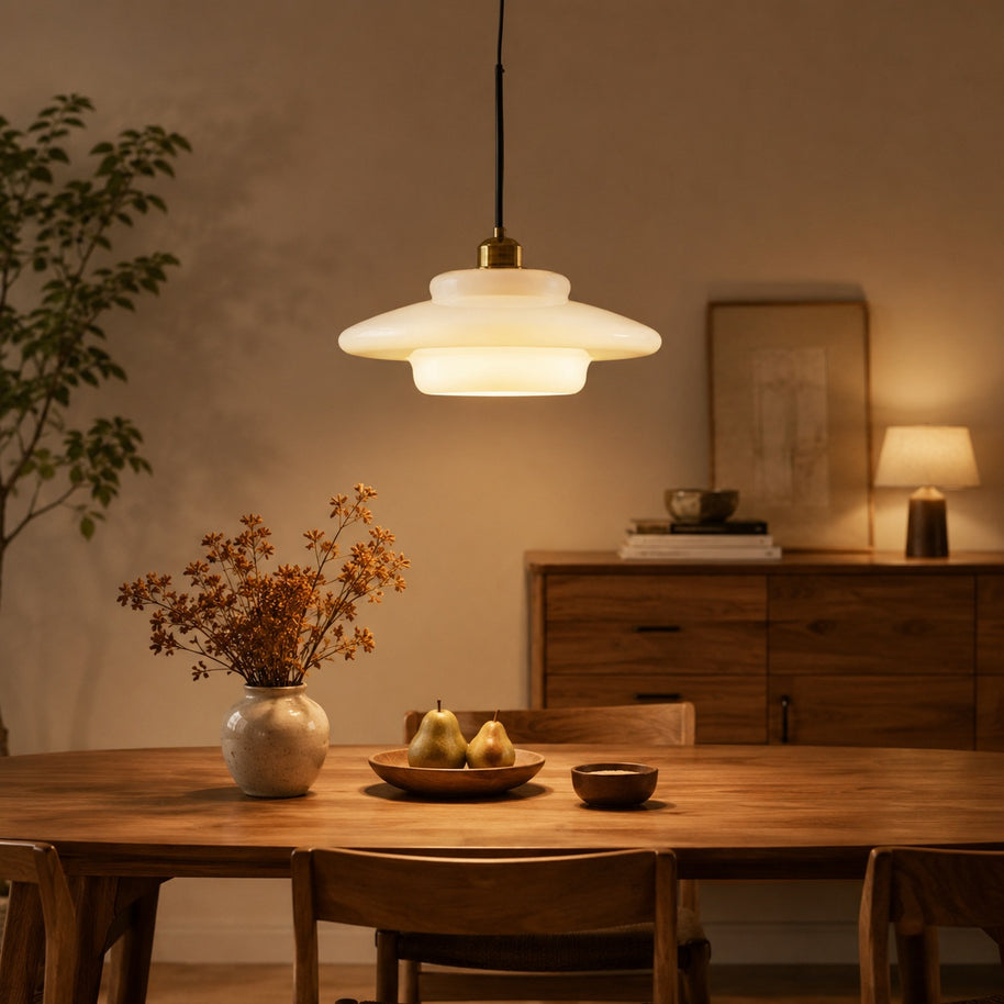 Elowen Mid Century Plug-in Milk White Glass Pendant Light - dining room lifestyle image for Comvilo lighting