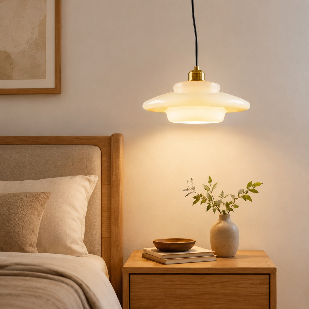 Elowen Mid Century Plug-in Milk White Glass Pendant Light - bedside lifestyle image for Comvilo lighting