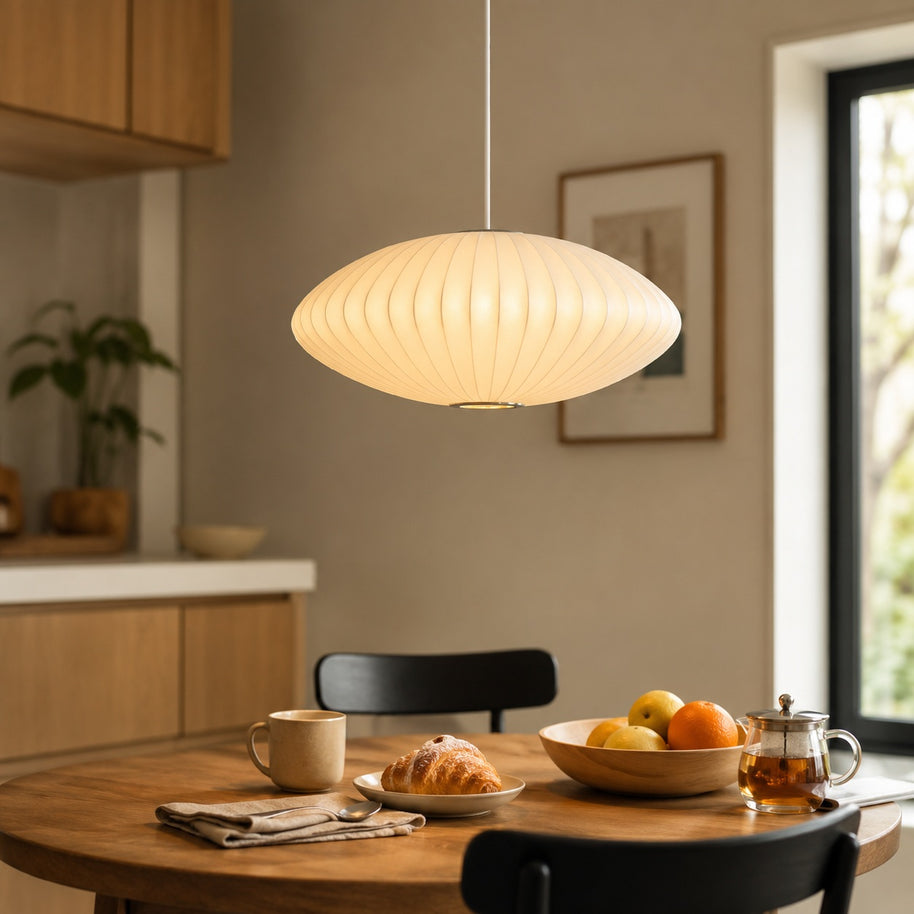 Cloudmere Minimalist White Bubble Hanging Pendant Light - dining table lifestyle image for Comvilo lighting