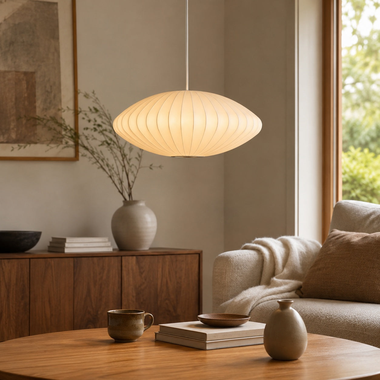 Cloudmere Minimalist White Bubble Hanging Pendant Light - living room lifestyle image for Comvilo lighting