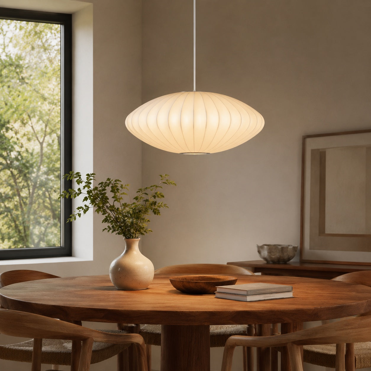 Cloudmere Minimalist White Bubble Hanging Pendant Light - dining room lifestyle image for Comvilo lighting
