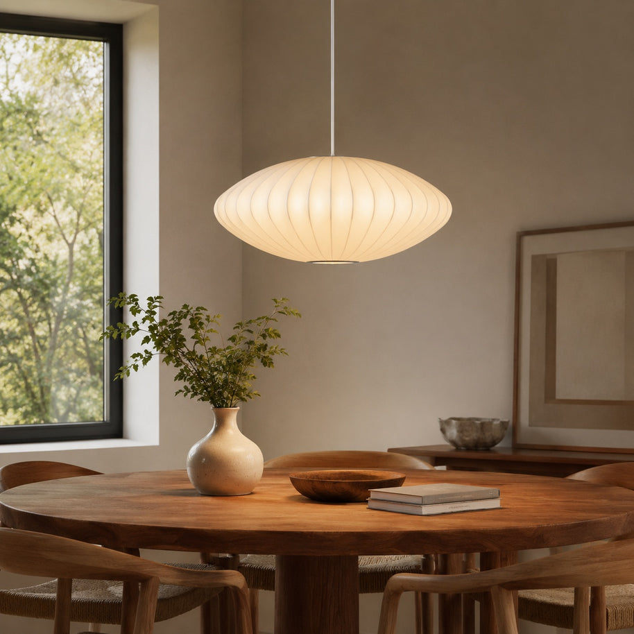 Cloudmere Minimalist White Bubble Hanging Pendant Light - dining room lifestyle image for Comvilo lighting