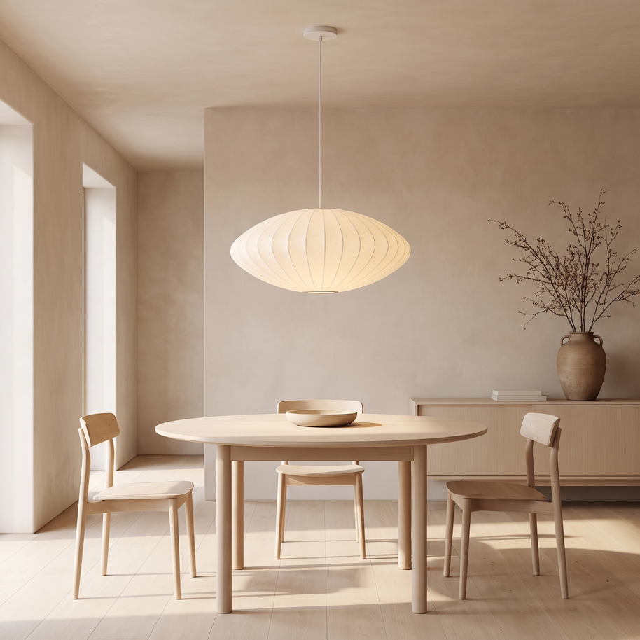 Cloudmere Minimalist White Bubble Pendant Light single pendant lifestyle image in a styled interior for Comvilo lighting
