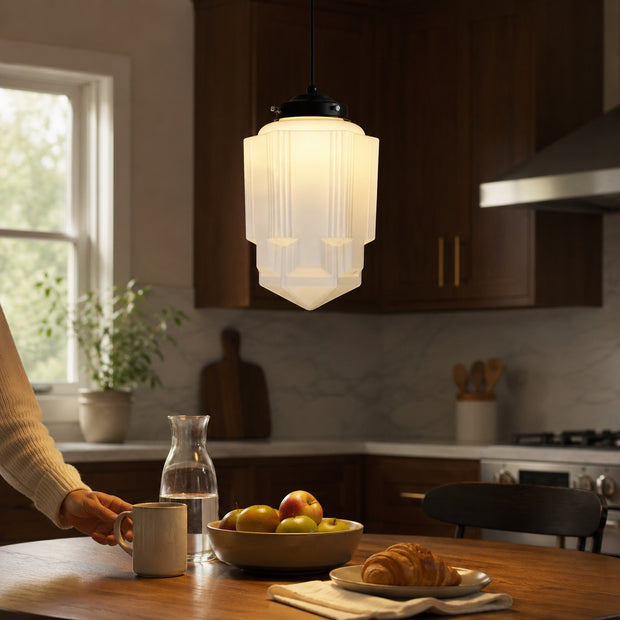 Bellamy Vintage White Milk Glass Geometric Jar Pendant Light - everyday kitchen lifestyle image for Comvilo lighting