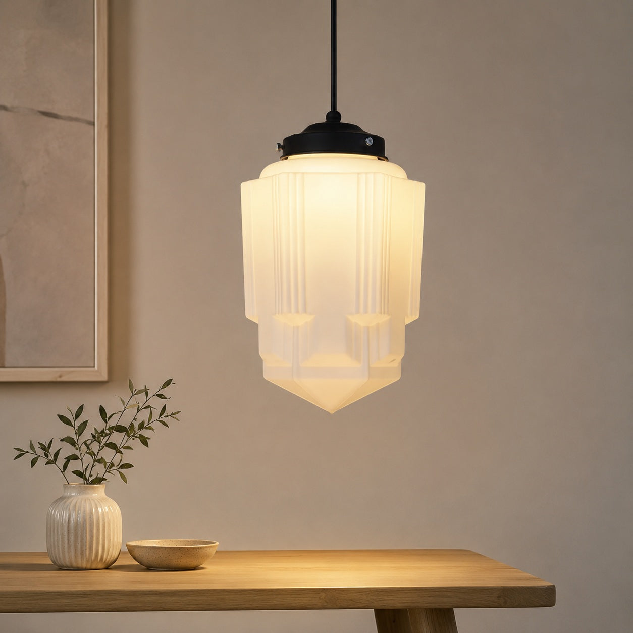 Bellamy Vintage White Milk Glass Geometric Jar Pendant Light - focused studio product image for Comvilo lighting