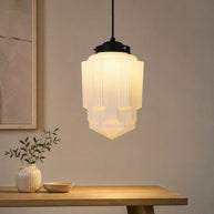 Bellamy Vintage White Milk Glass Geometric Jar Pendant Light - focused studio product image for Comvilo lighting