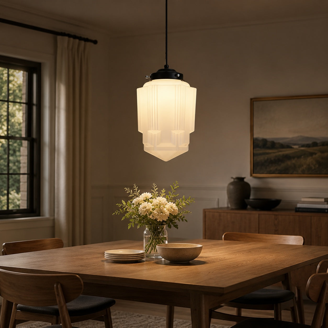 Bellamy Vintage White Milk Glass Geometric Jar Pendant Light - dining room lifestyle image for Comvilo lighting