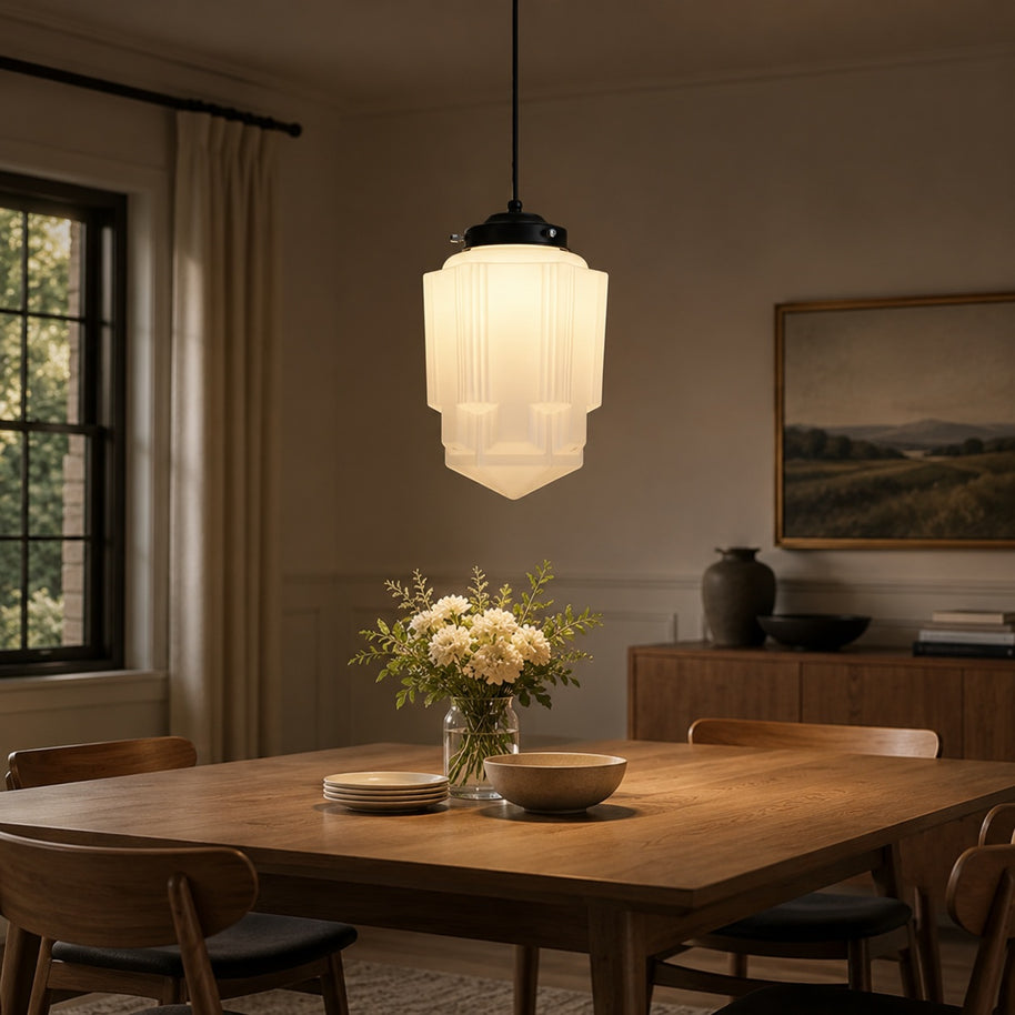 Bellamy Vintage White Milk Glass Geometric Jar Pendant Light - dining room lifestyle image for Comvilo lighting