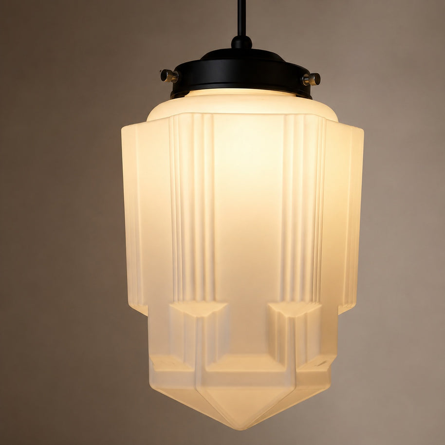 Bellamy Vintage White Milk Glass Geometric Jar Pendant Light - material close-up detail image for Comvilo lighting