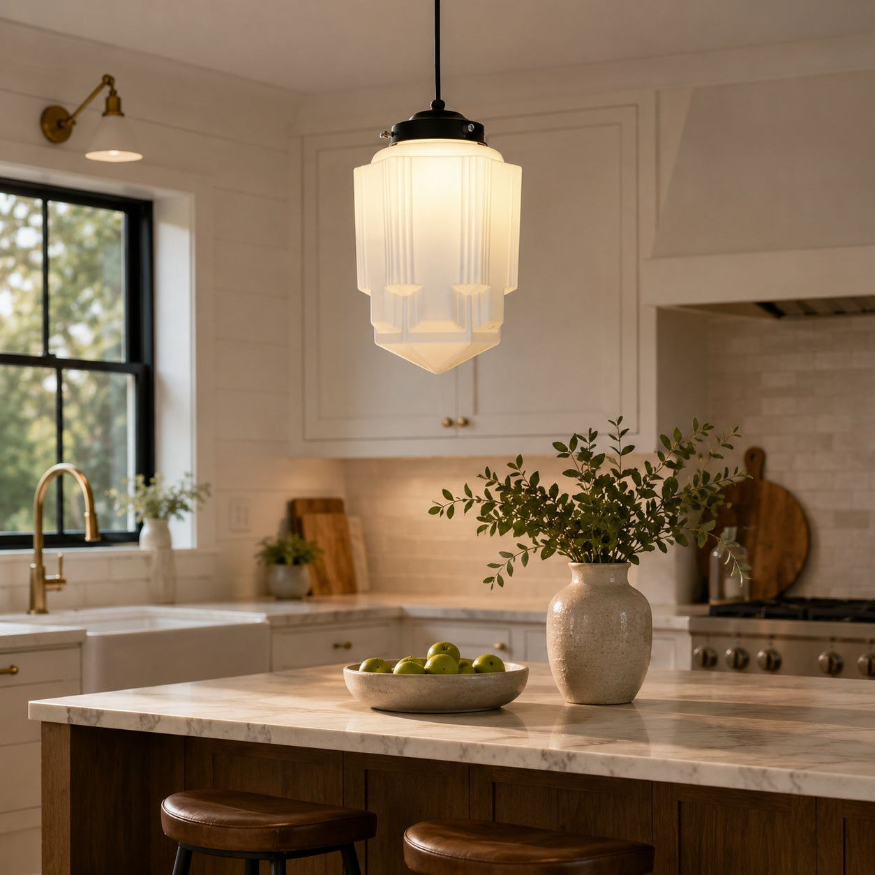 Bellamy Vintage White Milk Glass Geometric Jar Pendant Light - kitchen island lifestyle image for Comvilo lighting