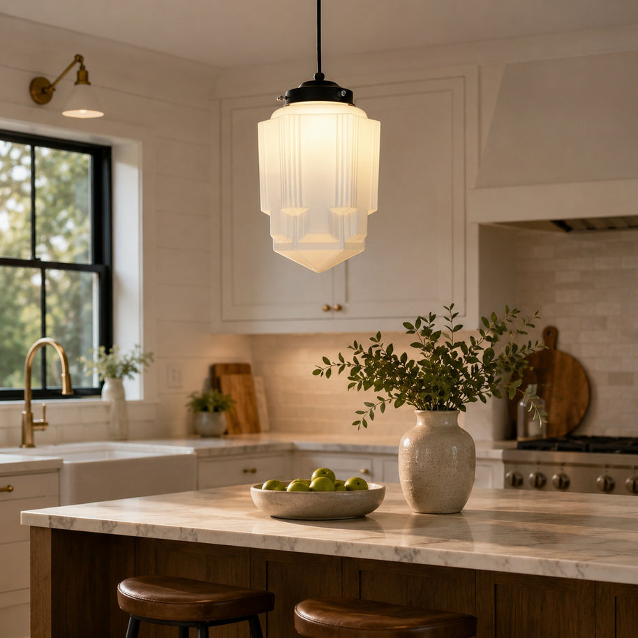 Bellamy Vintage White Milk Glass Geometric Jar Pendant Light - kitchen island lifestyle image for Comvilo lighting