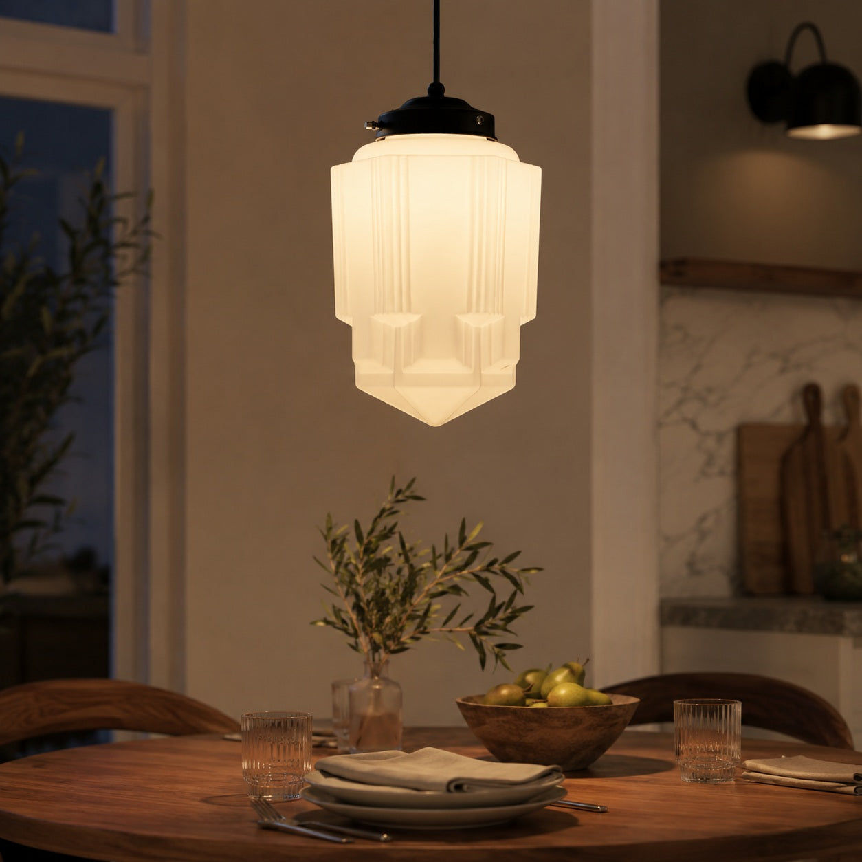 Bellamy Vintage White Milk Glass Geometric Jar Pendant Light - evening dining lifestyle image for Comvilo lighting