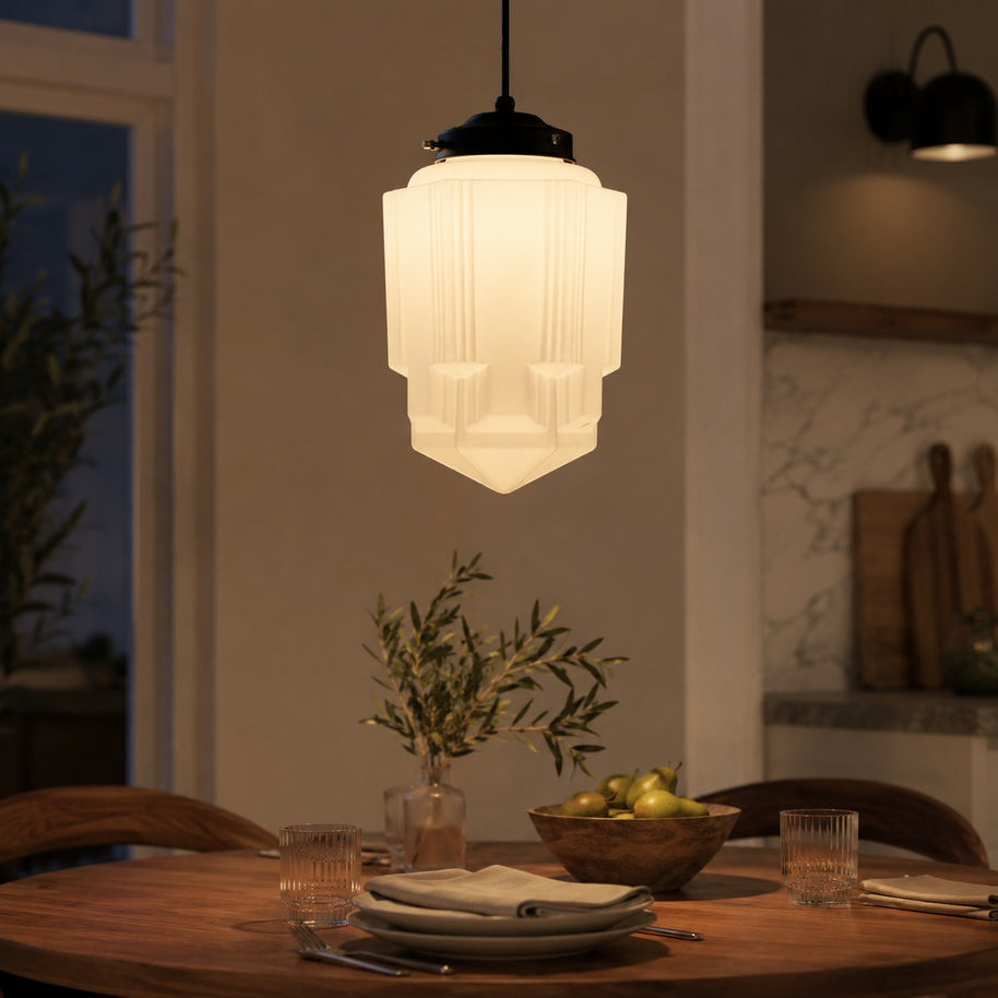 Bellamy Vintage White Milk Glass Geometric Jar Pendant Light - evening dining lifestyle image for Comvilo lighting