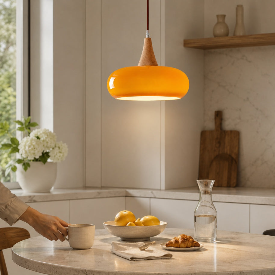 Solara Kitchen Island Linear Glass Pendant Light - everyday kitchen lifestyle image for Comvilo lighting