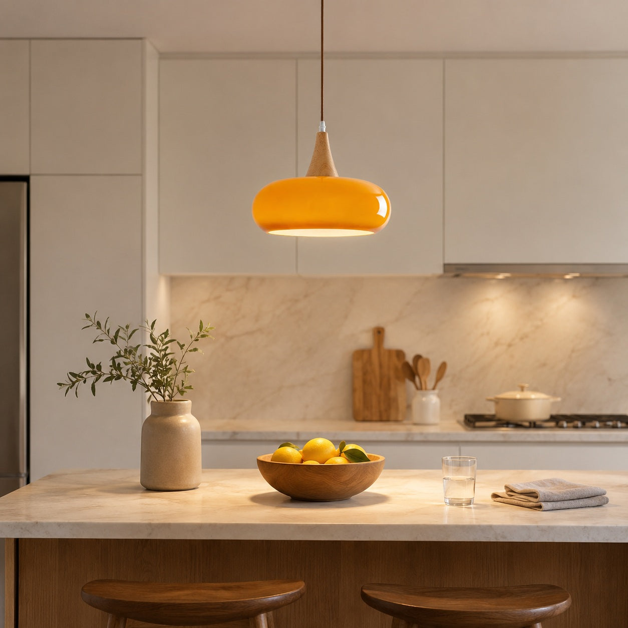 Solara Kitchen Island Linear Glass Pendant Light - kitchen island lifestyle image for Comvilo lighting