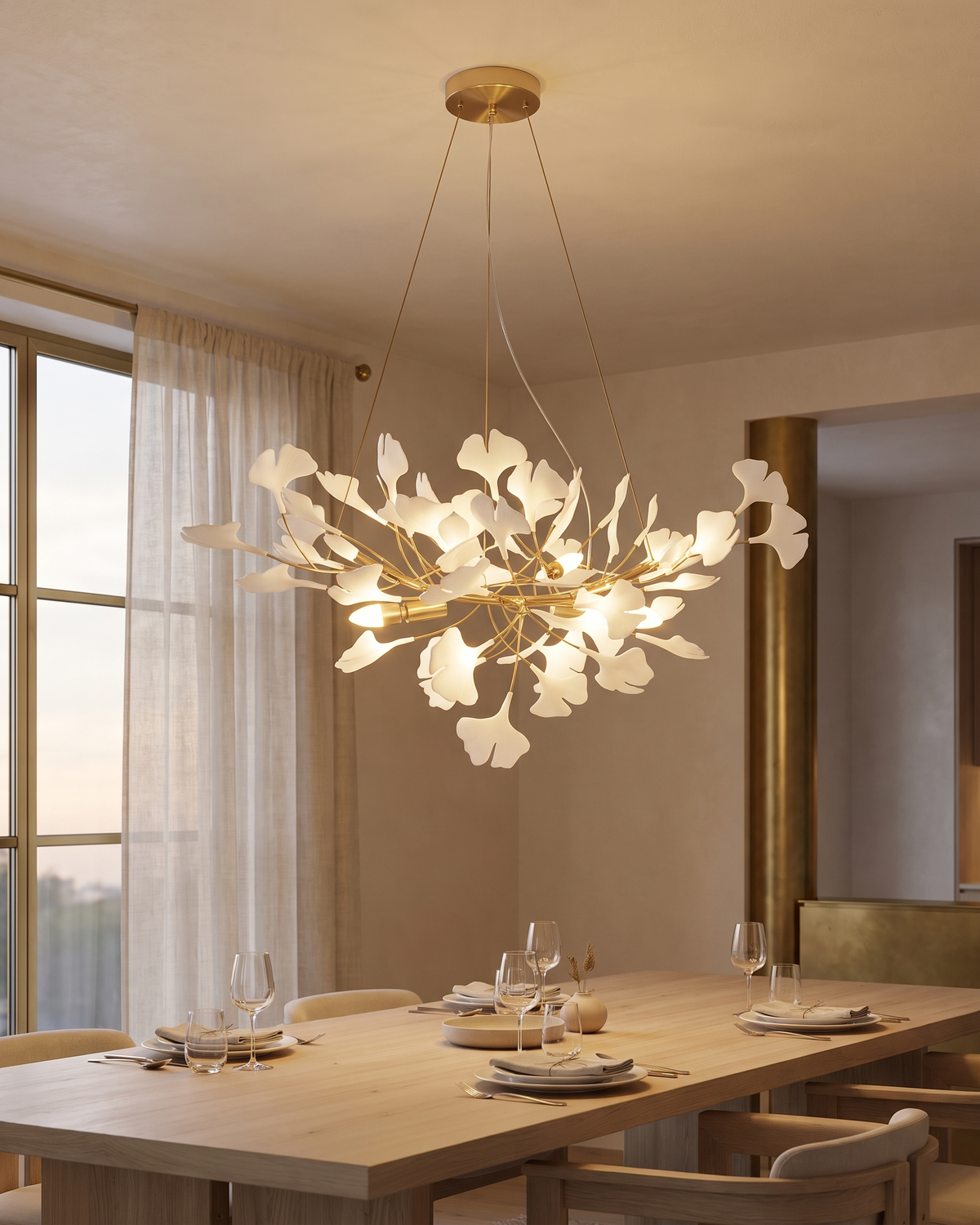 Gilded Ginkgo Leaf Chandelier in a styled room