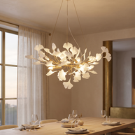 Gilded Ginkgo Leaf Chandelier above a dining table