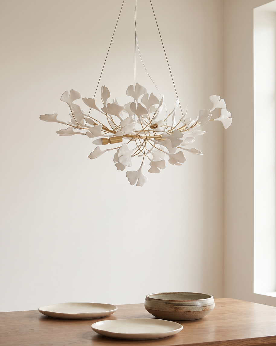 Gilded Ginkgo Leaf Chandelier shown at scale above a set dining table
