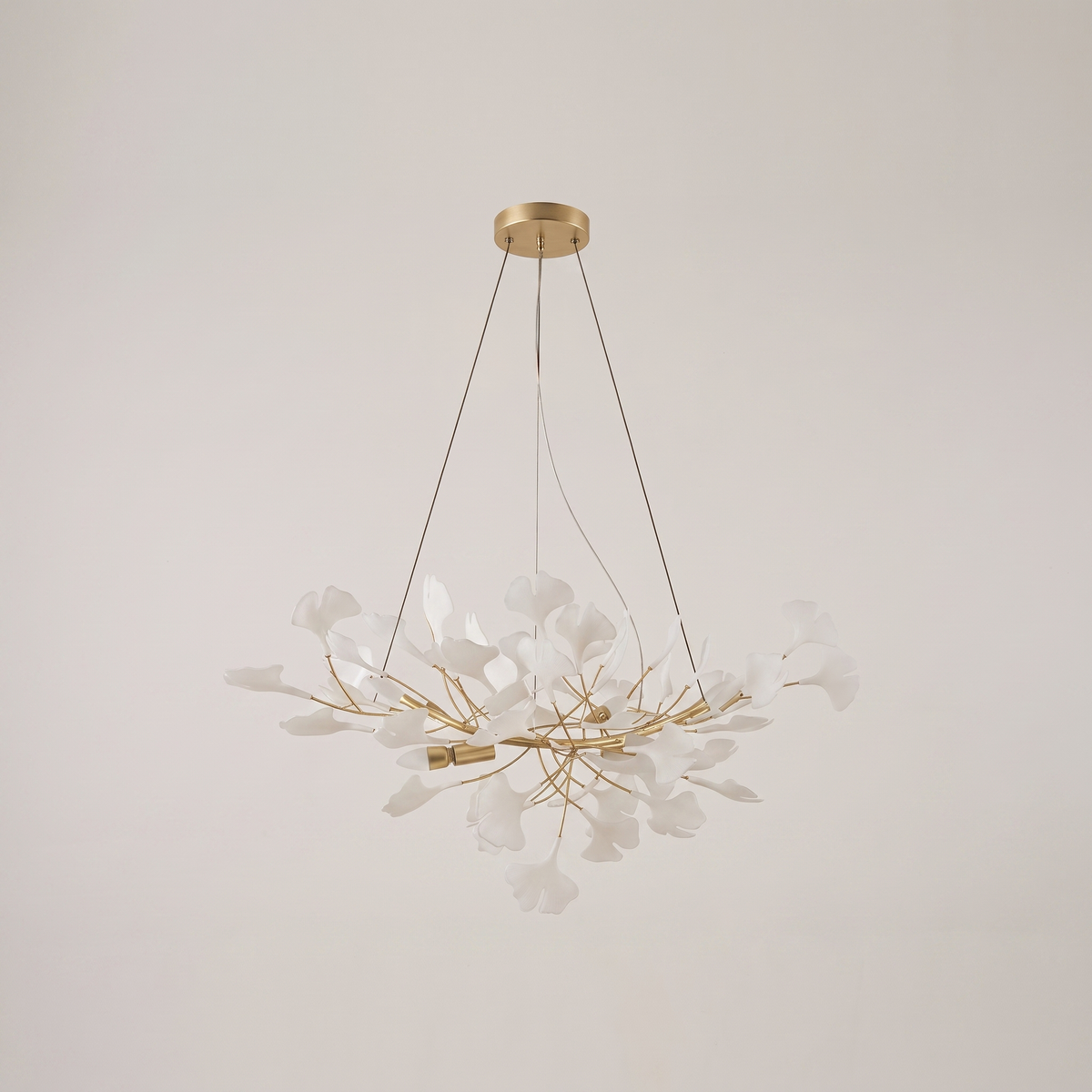 Gilded Ginkgo Leaf Chandelier, primary product image, gold lampbody with white leaves