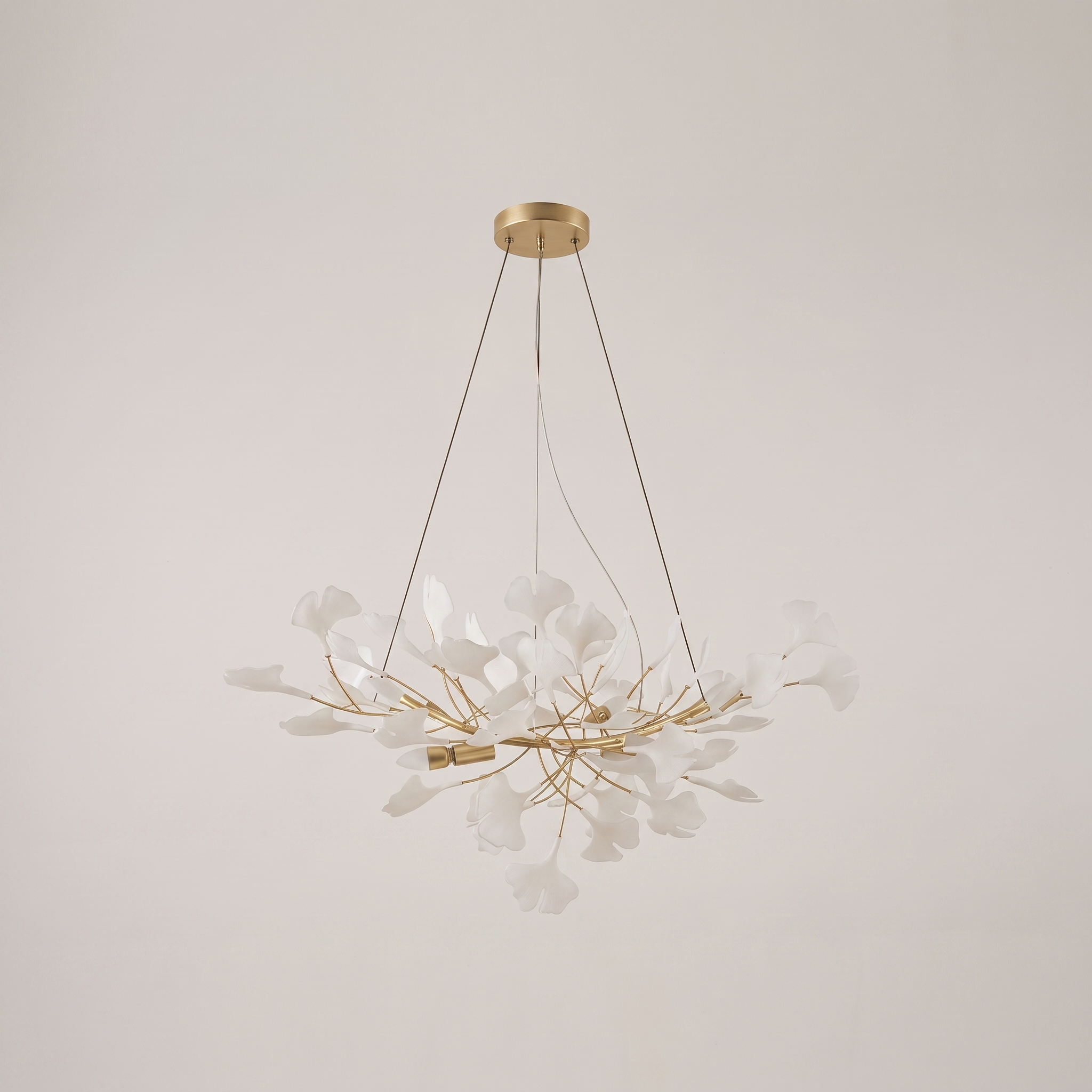 Gilded Ginkgo Leaf Chandelier, primary product image, gold lampbody with white leaves