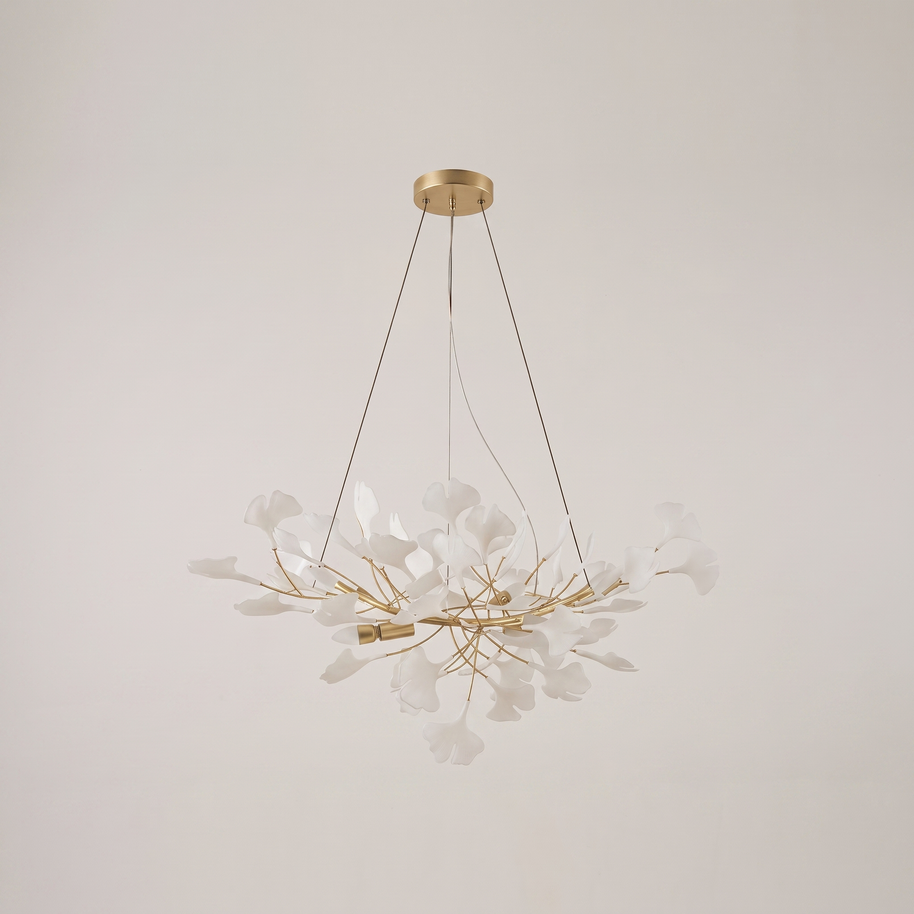 Gilded Ginkgo Leaf Chandelier, primary product image, gold lampbody with white leaves