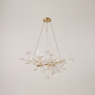 Gilded Ginkgo Leaf Chandelier, primary product image, gold lampbody with white leaves