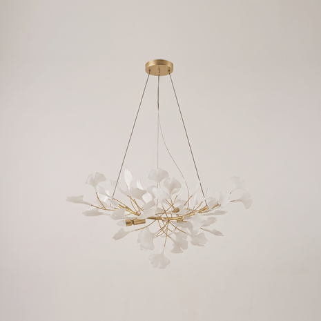 Gilded Ginkgo Leaf Chandelier, primary product image, gold lampbody with white leaves