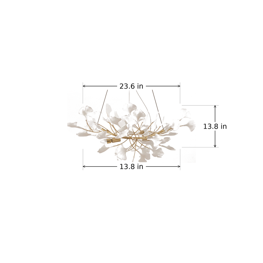 Gilded Ginkgo Leaf Chandelier dimension diagram, 23.6 by 13.8 by 13.8 inches