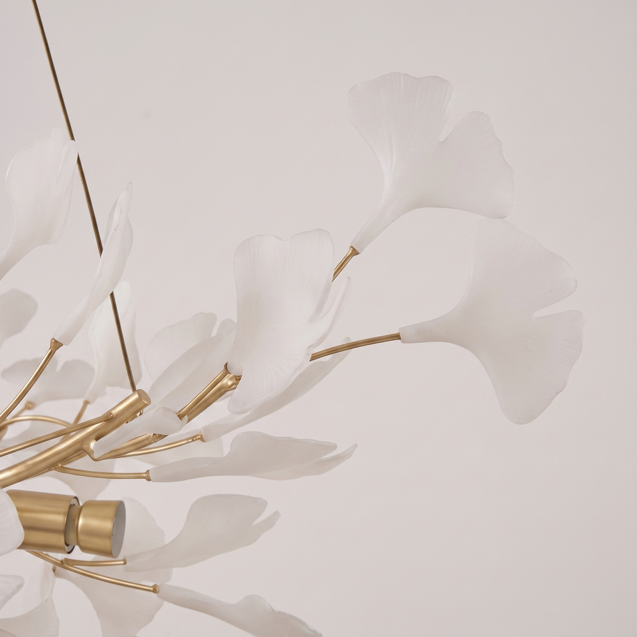 Gilded Ginkgo Leaf Chandelier, gold and white leaf finish detail