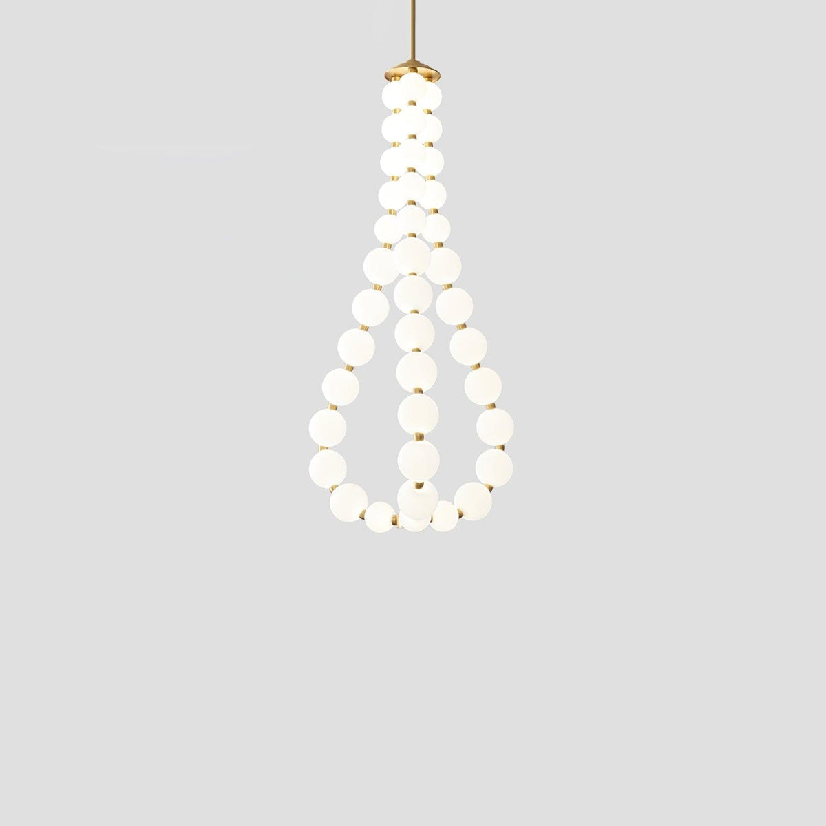 Perloria Chandelier, teardrop arrangement of lit opal globes on a brass stem