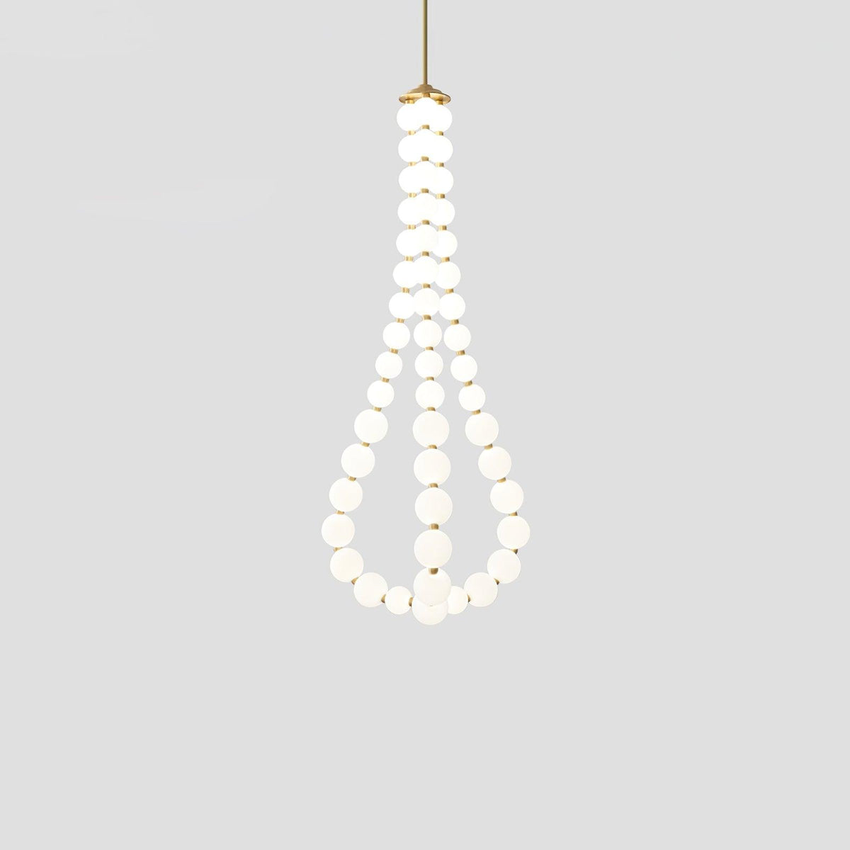 Perloria Chandelier, tall teardrop of lit opal globes on a brass stem