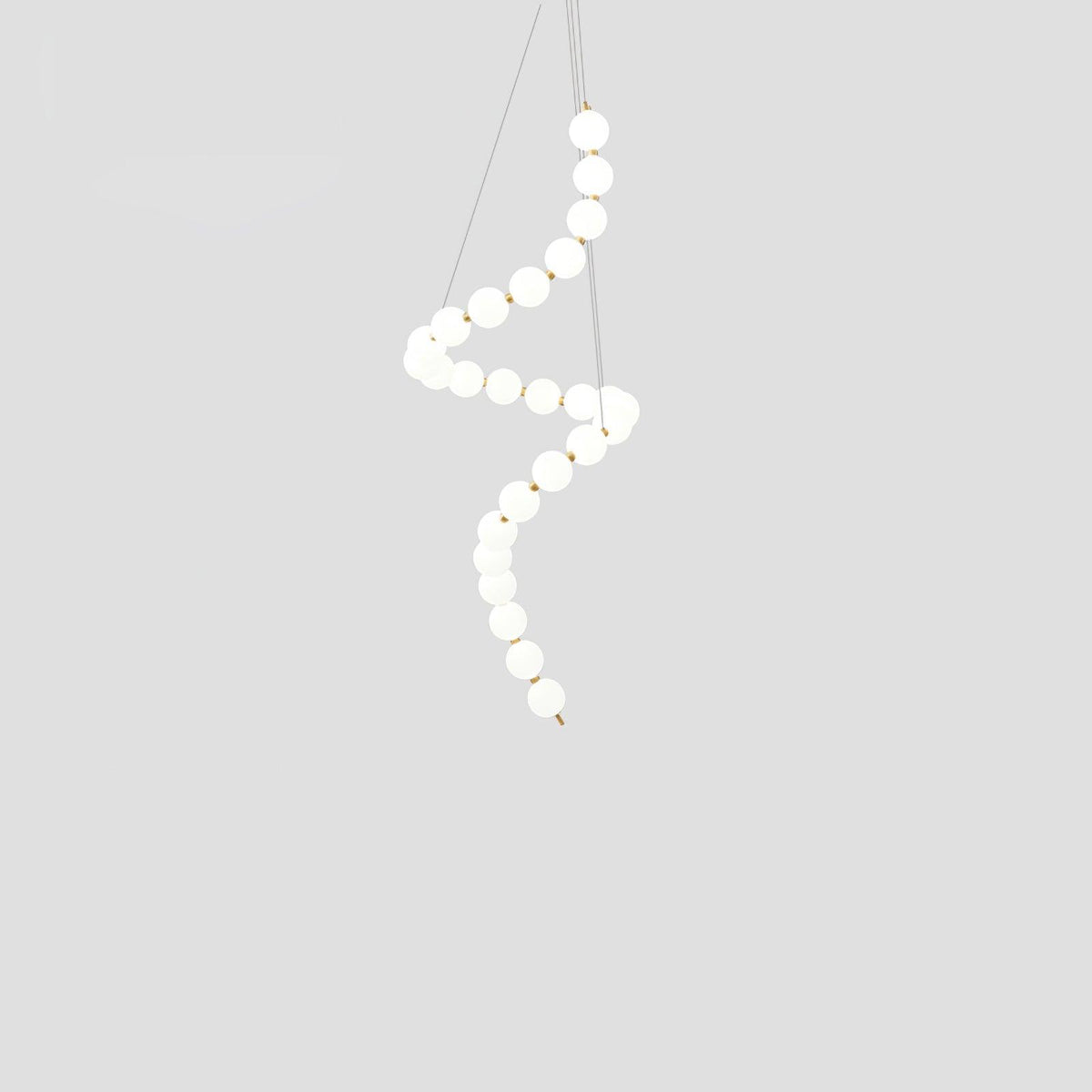 Perloria Chandelier, spiral strand of lit opal globes with brass joints