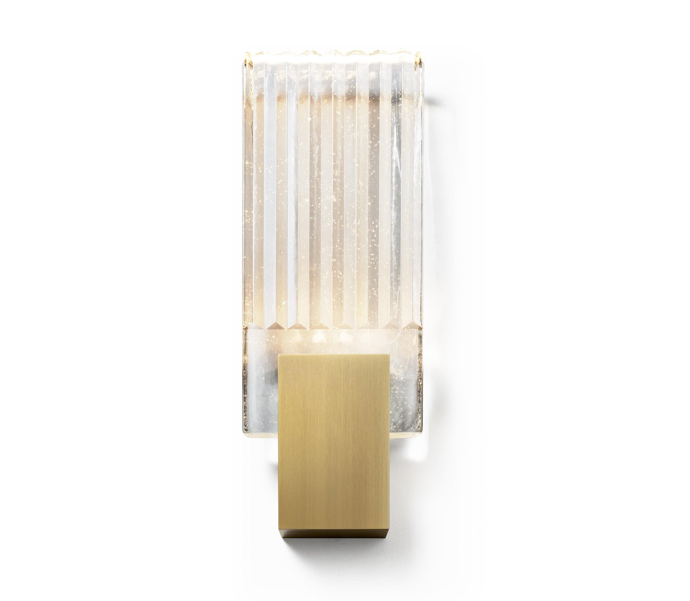 Wall light with a ribbed clear glass panel and a gold-toned metal mount, shown unlit on a plain background.