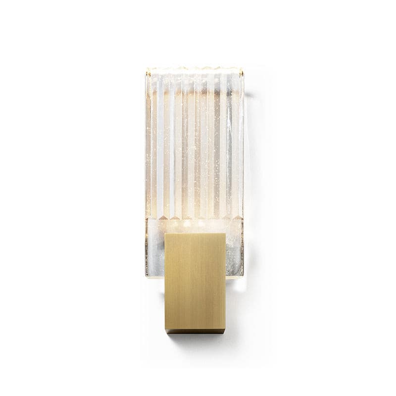 Wall light with a ribbed clear glass panel and a brushed brass mount, shown small and unlit on a white background.