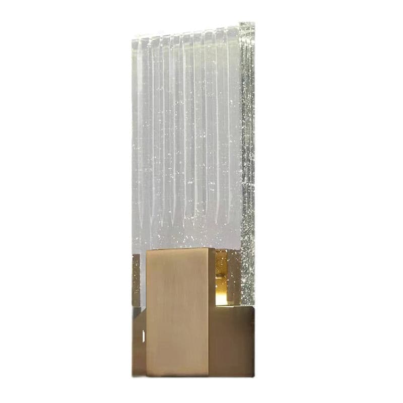 Wall light with a ribbed clear glass panel and a brushed brass mount, shown small on a plain background.