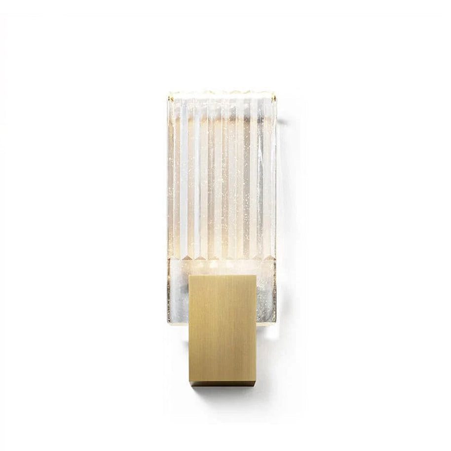Wall light with a ribbed clear glass panel and a brushed brass mount, shown on a plain background.
