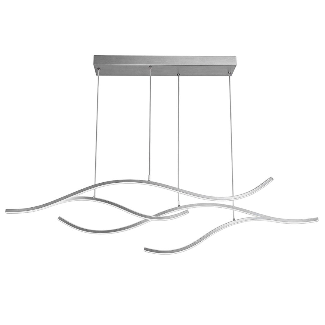 Linear pendant light made of wavy chrome-coloured LED bars hung from a slim rectangular canopy, unlit, on a white background.