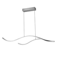 Linear pendant light made of wavy chrome-coloured LED bars hung from a slim rectangular canopy, unlit, on a white background, with fewer bars.