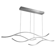 Linear pendant light made of wavy chrome-coloured LED bars hung from a slim rectangular canopy, unlit, seen at an angle on a white background.