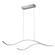Linear pendant light made of wavy chrome-coloured LED bars hung from a slim rectangular canopy, unlit, on a white background, seen from the side.
